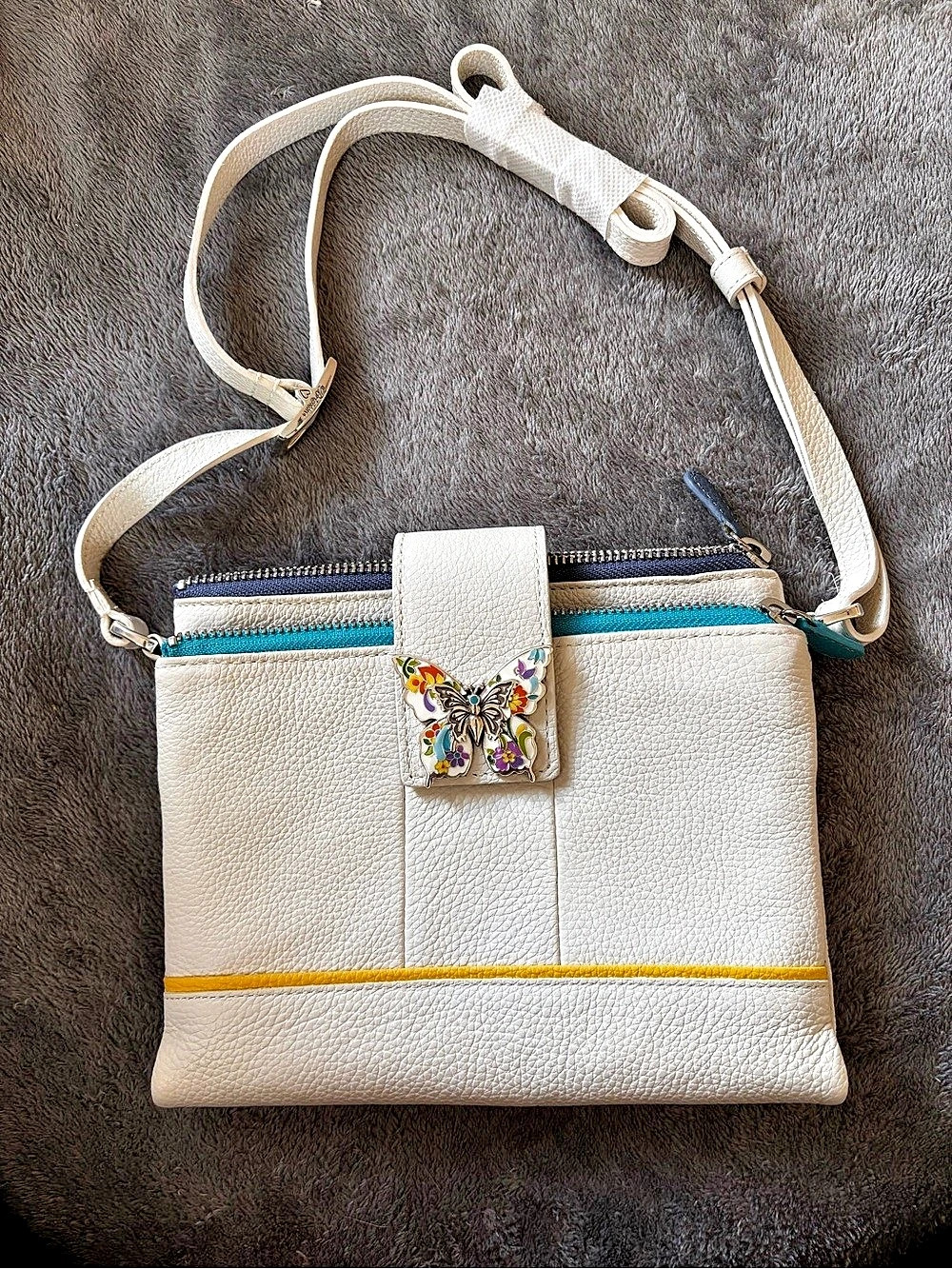 Brighton Ivory Crossbody Bag Butterfly Accent Adjustable Strap Inner Pockets
